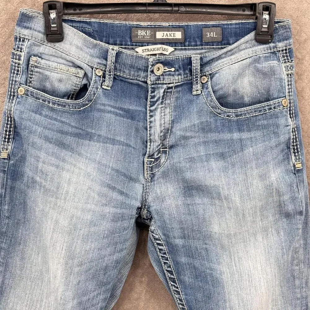 BKE Jake Jeans Mens 34x34/32 Blue Medium Wash Straight Denim Embroidered Pockets - Picture 3 of 9